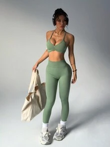 Slayform Women's Sports Set: Cross-Strap Backless Vest & Pantswomen Workout Set - Olive Green - View 3