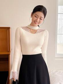 DAZY Lace Patchwork Turtleneck Sweater For Women, Minimalist Fashion Casual Daily Wear,Fall Women Clothes