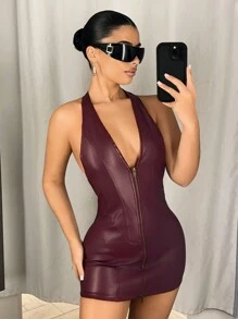 SHEIN ICON Deep V-Neck Halter Double Zipper Bodycon Mini PU Dress - Burgundy - View 6