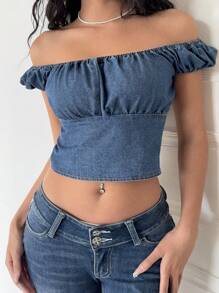 SHEIN Essnce Women's Casual Denim Top, Fashion And Stylish For Everyday Wear, Summer /Summer/Summer/Cute Summer Tops, Festival/Festival, Rave/Concert Women/Country Concert/Rave/Rave Summer For Woman - Blue - View 4