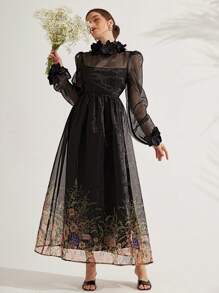 GENKIRA 优雅女士连衣裙，3D 花卉装饰，腰部合身，长袖，浪漫欧根纱面料，适合情人节、派对、约会 - 彩色 - 查看 6