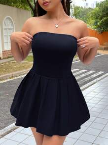 SHEIN EZwear 春夏简约纯色褶皱宽松 A 字形蓝色大码中长连衣裙 - 藏蓝色 - 查看 5