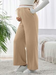 SHEIN 孕妇撞色腰带口袋阔腿休闲裤 - 卡其色 - 查看 1