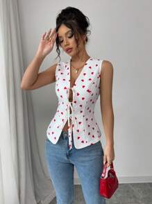 Elenzga Valentine's Day Casual Heart Print Tied Front Camisole