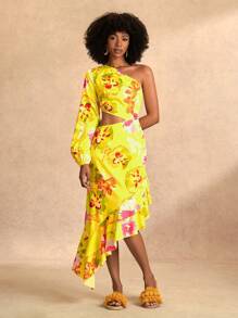 Slaydiva Yellow,Autumn,Boho,Vacation,Holiday,2025Spring/Summer Floral Print Asymmetric Hem Women Dress,One Shoulder Cutout Elegant Wedding Party Beach Dress - Multicolor - View 7