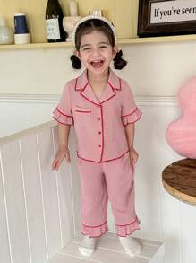SHEIN Leap Crew Baby Mädchen Minimalist Revers Fronttasche Kurzarm & Hose Bequeme Casual Homewear 2 Stücke Set Babykleidung für Mädchen Lässige Babykleidung für Mädchen Lässiger Strickstoff Babykleidung Baumwolle Babykleidung für Mädchen Baumwolle Babykleidung - Babypink - Übersicht 4