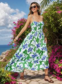 Vivid Eden Vestido largo de verano para mujer con estampado de árboles de coco para vacaciones en la playa - Verde - Ver 3