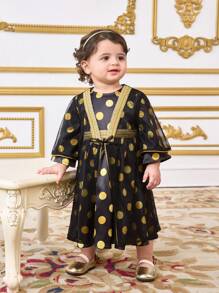 SHEIN Leap Crew Baby Girls Black Mesh Polka Dot Long Cardigan & Dress 2 Pieces Outfit Set, Spring/Summer - Black - View 7