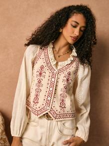 Poéselle Abrikoos katoenen geborduurd tanktopje, concert damesoutfit, delicaat en comfortabel, geschikt voor alle seizoenen, zomer damesoutfit, strand damesoutfits, 1st dames mouwloos casual tanktopje met knoopdetail aan de voorkant, Boho