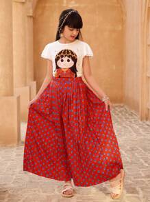 SHEIN 2pcs Tween Girls Set Cap Sleeve Top And Ditsy Floral Pleated Wide Leg Pants Outfit - Burgundy - View 4
