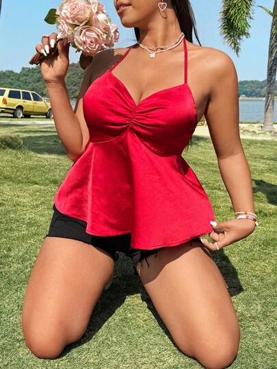 Flirla 情人节大码红色简约细肩带吊带背心上衣