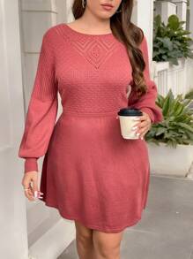 Calvaya Plus Size Solid Color Lantern Sleeve Sweater Dress, Casual Style For Autumn/Winter - Watermelon Pink - View 7