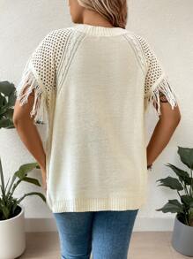 Breezaya Plus Size Boho Round Neck Fringed Casual Daily Wear Spring Summer Short Sleeve Knitwear Top