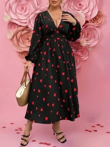 Flirla Plus Size Romantic V-Neck Heart Design Waisted Long Dress For Valentine's Day