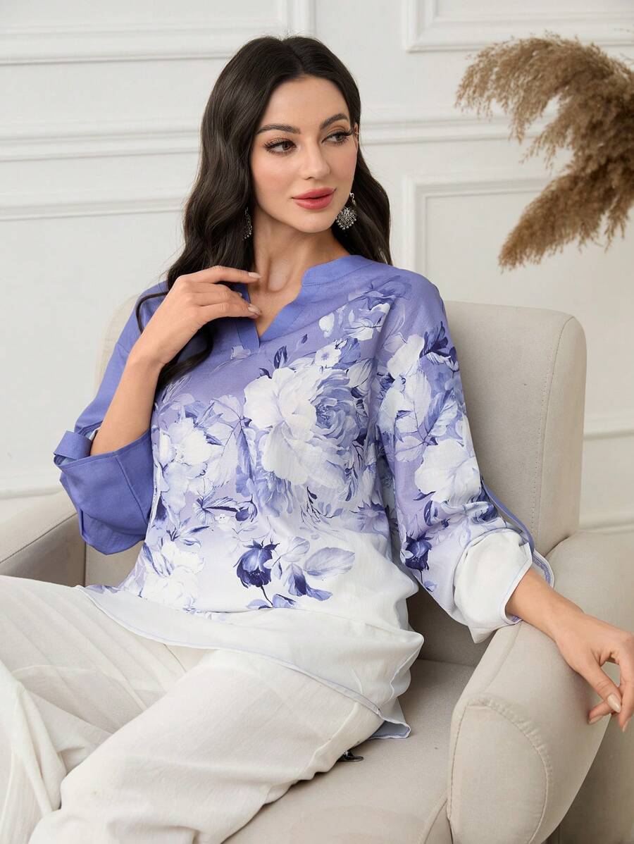 Seusyu Women Floral Print V-Neck Cuffed Sleeve Shirt Fall Cloth For Women - Multicolor - View 1