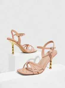 CUCCOO SZL Sandalias altas de tacón cuadrado color albaricoque con tacones metálicos dorados, diseño elegante y sexy con correas cruzadas para damas