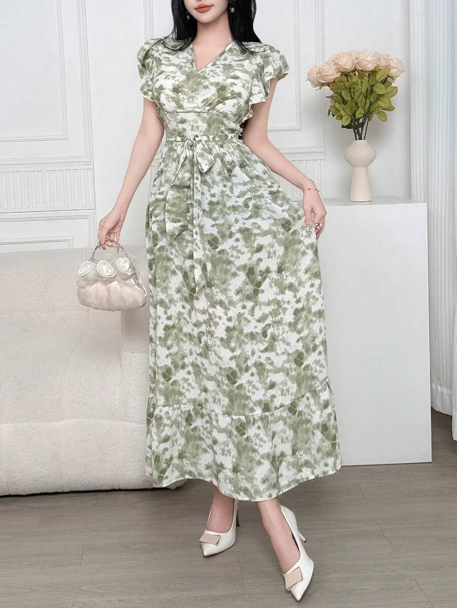 Modelyn Women's Boho Tie-Dye Maxi Dress: Green V-Neck Woven Flounce Hem Short Sleeve Wrap Dress With Ruffle Detailing, Perfect For Summer - Green - View 1