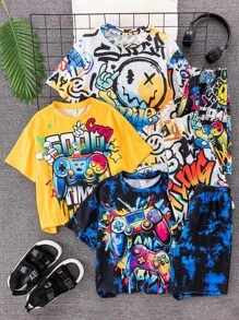 SHEIN Leap Crew 6 件青少年男孩休闲百搭舒适街头风格涂鸦字母游戏印花圆领宽松短袖 T 恤和短裤 2 件套，3 种设计 X 2 套，适合春季、夏季、秋季、冬季的学校、花园、海滩、生日 - 彩色 - 查看 1