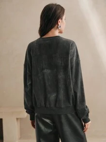 Anewsta Urban Chic Retro Round Neck Long Sleeve Sparkly Rose Rhinestone Embellished Sweatshirt, Spring & Autumn Pullover Fall - Dark Grey - View 2