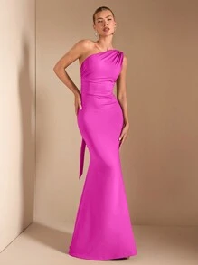 SHEIN BAE 优雅不对称领斜肩挂围巾女长裙，适合日常、约会、郊游、夜店、派对、圣诞节、秋季，酒红色 - 玫紅色 - 查看 5