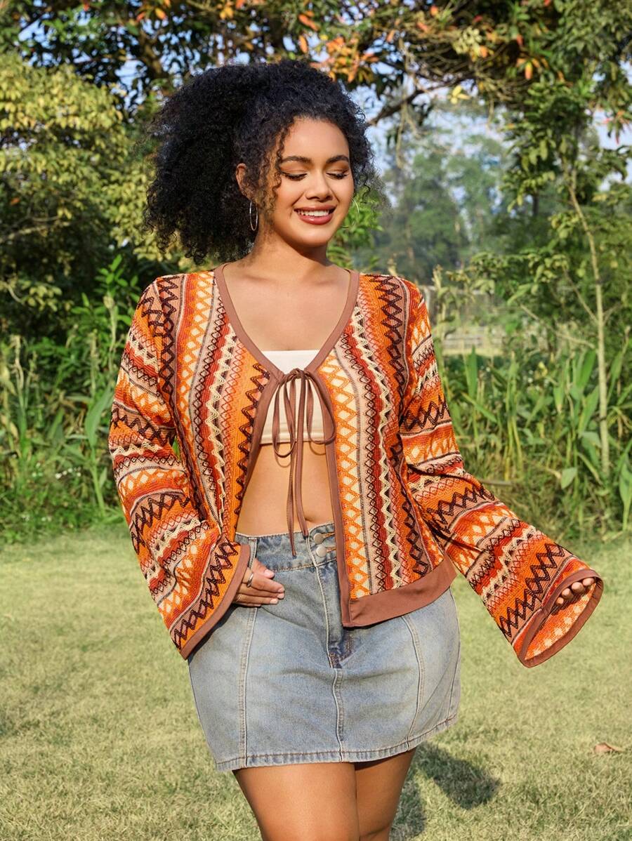 SHEIN EZwear Plus Size Romantic Colorful Hollow Out Striped Slim Fit Tie-Front Shirt, Spring - Multicolor - View 1