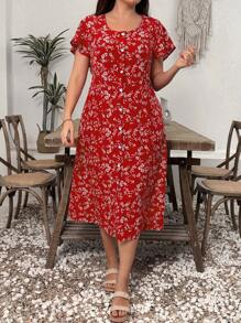 Plus Size Women Summer Front Button Short Sleeve All-Over Print Casual Dress - Red - View 4