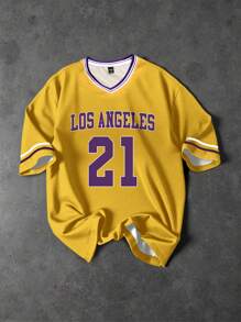 Aesthetic Post Camiseta holgada de hombre con estampado numérico casual, Camiseta de baloncesto holgada de color amarillo brillante con diseño de cuello en V clásico y letras y números de Los Ángeles en morado, Adecuado para uso casual de verano - Amarillo - Ver 1
