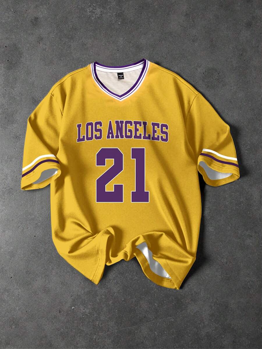 Aesthetic Post Camiseta holgada de hombre con estampado numérico casual, Camiseta de baloncesto holgada de color amarillo brillante con diseño de cuello en V clásico y letras y números de Los Ángeles en morado, Adecuado para uso casual de verano - Amarillo - Ver 1