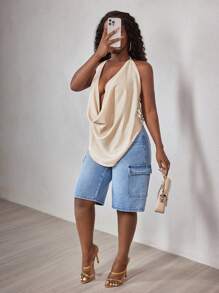 BamGleam Women's V-Neck Halter Design Fashionable Versatile Camisole - Apricot - View 5