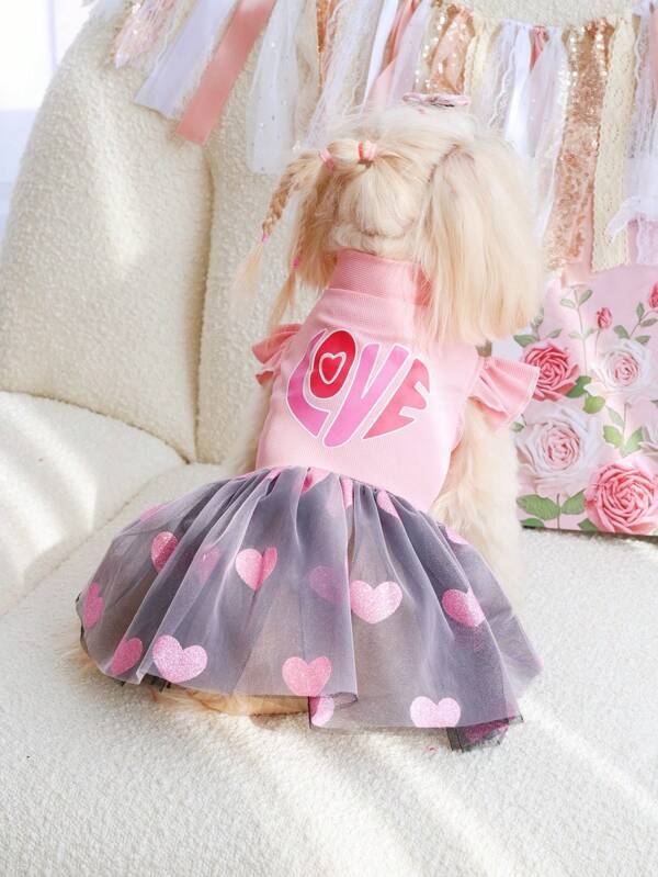 PETSIN 1pc Pet Valentine's Day Pink Heart Print Cap Sleeve Shiny Heart Mesh Elegant Cute Dog Dress