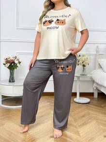 Conjunto de pijama de 2 piezas de camiseta de manga corta y pantalones con estampado de gatito lindo talla grande para mujer