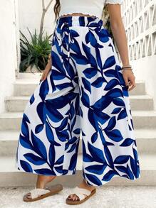 SHEIN Maternity Vacation Casual Floral Print Wide Leg Pants - Blue and White - View 3