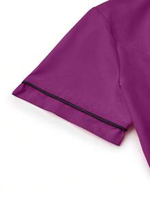 TaskEZ 2 件套撞色边饰休闲短袖上衣和纯色长裤制服套装，手术服套装 - 中紫紅色 - 查看 6
