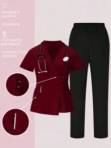TaskEZ 2pcs Contrast Trim Casual Short Sleeve Top And Solid Color Pants Uniform Set, Scrub Sets - Burgundy - View 1