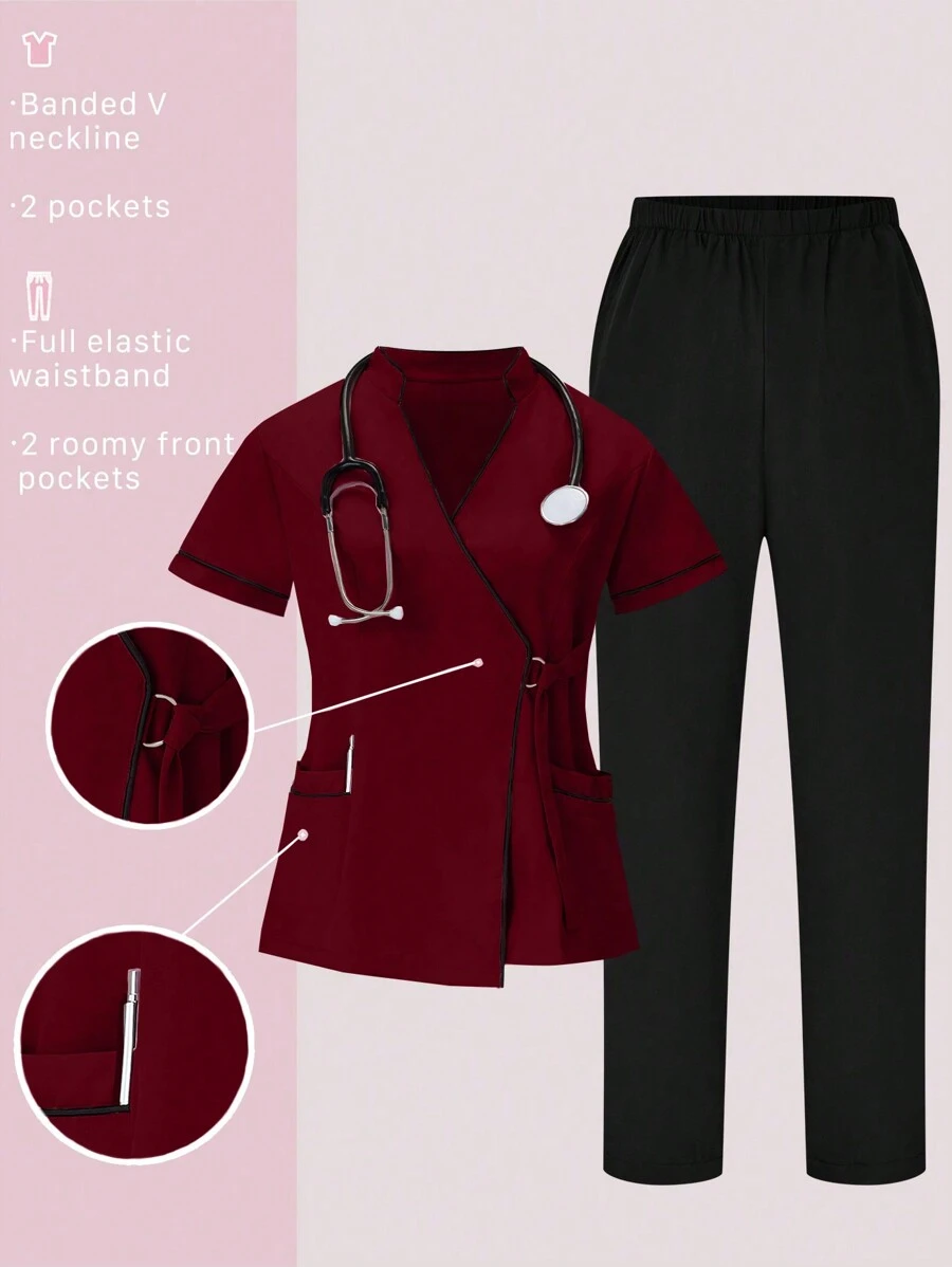 TaskEZ 2pcs Contrast Trim Casual Short Sleeve Top And Solid Color Pants Uniform Set, Scrub Sets - Burgundy - View 1