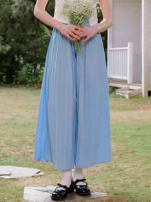 SHEIN Teen Girls Pleated Loose Pants,Blue Elegant Casual Vacation Clothing Suitable For Spring/Summer/Autumn,Office Wedding Season Princess Floral Design - Blue - View 3