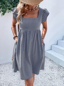 Breezaya 格子方领蝴蝶袖罩衫连衣裙，女士可爱荷叶边盖袖方领常规款式短款棕色荷叶边袖格子罩衫女式短裙，春夏，休闲日常装度假沙滩装 - 彩色 - 查看 3