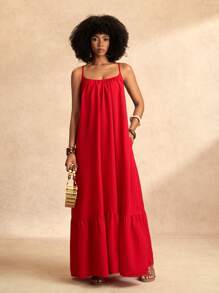 Slaydiva 2025 Lente/Zomer Nieuwe Lange Jurk voor Dames, Geschikt Voor Muziekfestivals, Pasen, Bruiloften, Boho Stijl, Westerse Stijl, Verjaardagen, Afstuderen, Studenten, Dagelijkse Casual Kleding, All-Match Veelzijdig, Vrijetijdsbesteding, Cruise Reizen, Strand, Zonnebaden, Gestructureerde Stof, Oversized, Spaghettibandjes, Sexy Rugloos, Vetersluiting op de Rug, Rode Kleur