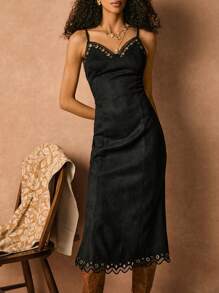 Poéselle 女式黑色连衣裙 纯色拼接带扣眼装饰 优雅超长吊带裙 麂皮吊带裙 鱼尾裙 刺绣长裙 金属铆钉装饰 波西米亚风连衣裙 夏季女装 女装 女装 夏季连衣裙 背心裙 节日连衣裙 西装 女装 节日 波西米亚风 嬉皮士 复古风 复古风 - 黑色 - 查看 6