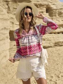 LanaWest Women Geometric Print Long Sleeve Casual Shirt (Printed Pattern Asymmetric) - Pink - View 3