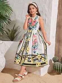 SHEIN Tween 女童度假休闲碎花无袖圆领连衣裙 - 彩色 - 查看 3