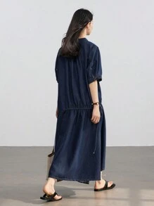 Dazy-Less 女士商务休闲宽松直筒抽绳系带拼接牛仔连衣裙 - 深色水洗藍 - 查看 5