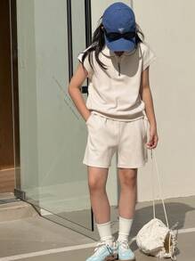 Dazy Kids Set de 2 bucăți de top și pantaloni scurți Tween Girl de culoare uni, ocazional, la modă minimalistă