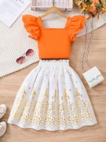 Set ragazza pre-adolescente con top a maniche corte monocolore e gonna con stampa in finitura metallica