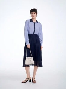 SHEIN Clasi 女式 2024 新款条纹拼接雪纺褶皱休闲中长连衣裙 - 藍色 - 查看 1