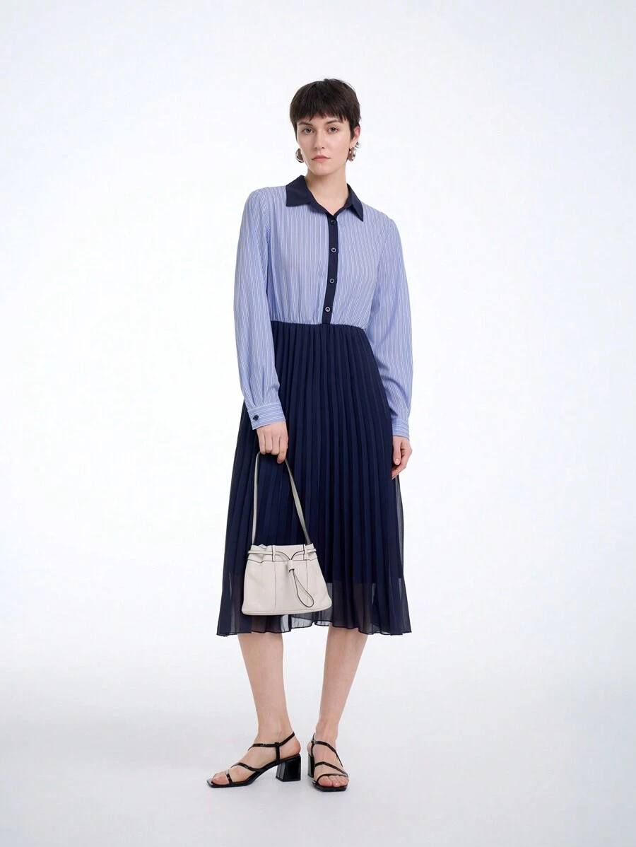 SHEIN Clasi 女式 2024 新款条纹拼接雪纺褶皱休闲中长连衣裙 - 藍色 - 查看 1