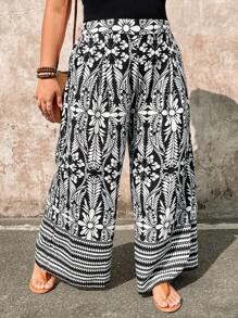 Breezaya Große Größen Blumen Hosen mit hoher Taille, Taschen und weitem Bein