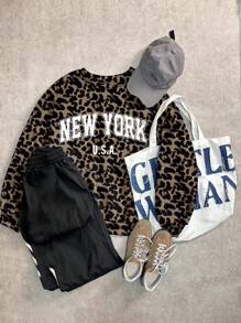 Slaydiva Casual Minimalist New York Letter & Leopard Print Plus Size Loose Shoulder Exposed Sweatshirt, Plus Size Autumn Winter Fall - Multicolor - View 5