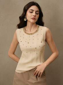 Anewsta 女士优雅无袖厚重串珠针织背心、毛衣，适合新年、情人节、暑假穿着 - 杏色 - 查看 6