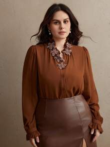 Anewsta 大码优雅长袖 3D 花卉透视灯笼袖刺绣衬衫上衣，适合情人节、暑假、新年 - 咖啡棕 - 查看 6